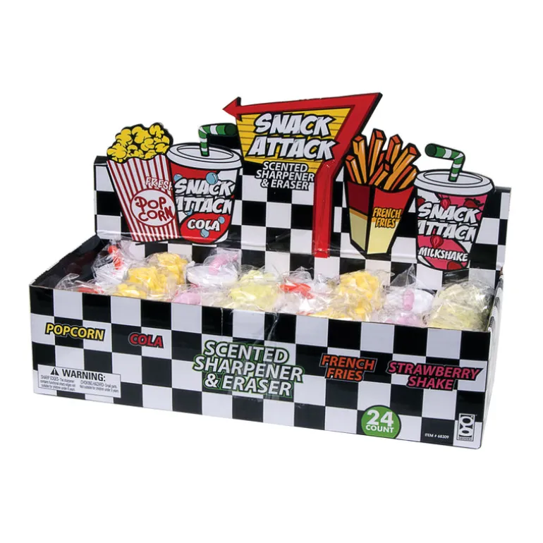 Snack Attack Scented Pencil Sharpeners and Erasers - 24 per box